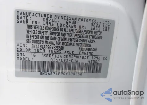 2016 Nissan Sentra S z USA, uszkodzony, nr VIN 3N1AB7AP2GY328588